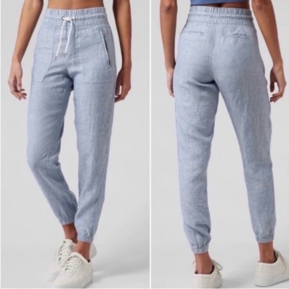 Athleta Linen Cabo Jogger Pants Blue Chambray Travel Beach Outdoor Women Size 8